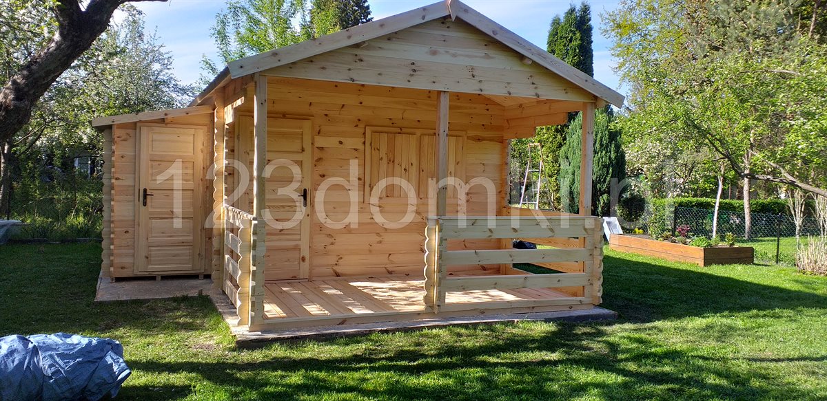 drewniany domek ogrodowy 400x300cm 4x3m z tarasem i przybudówką na narzędzia